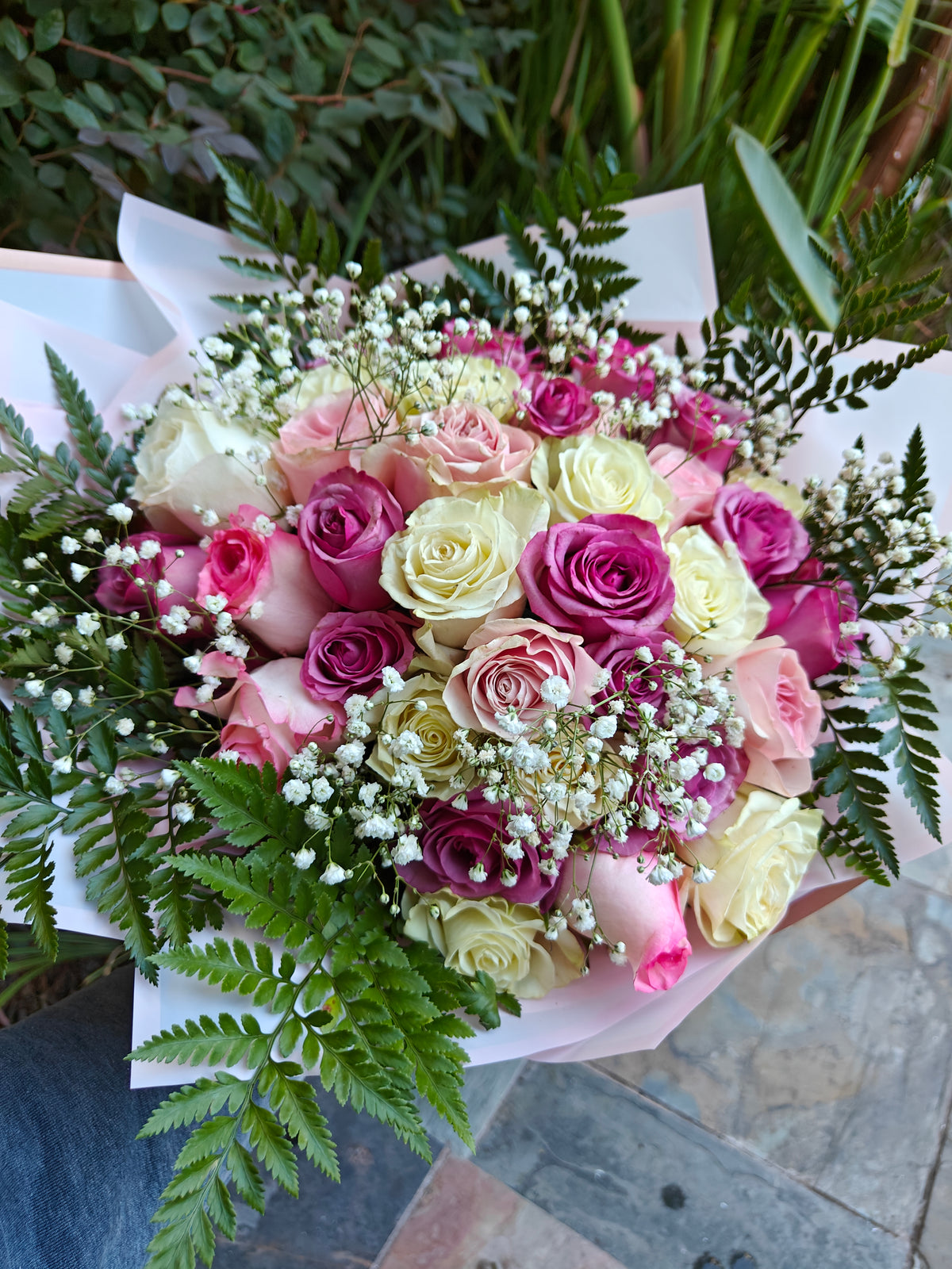 Ramobuchon Roses Simple Ramo Buchon (two dozen roses wrapped) – Gardena Florist